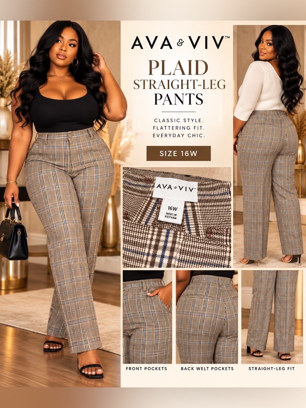AVA & VIV Taupe Plaid Straight-Leg Pants size 16W